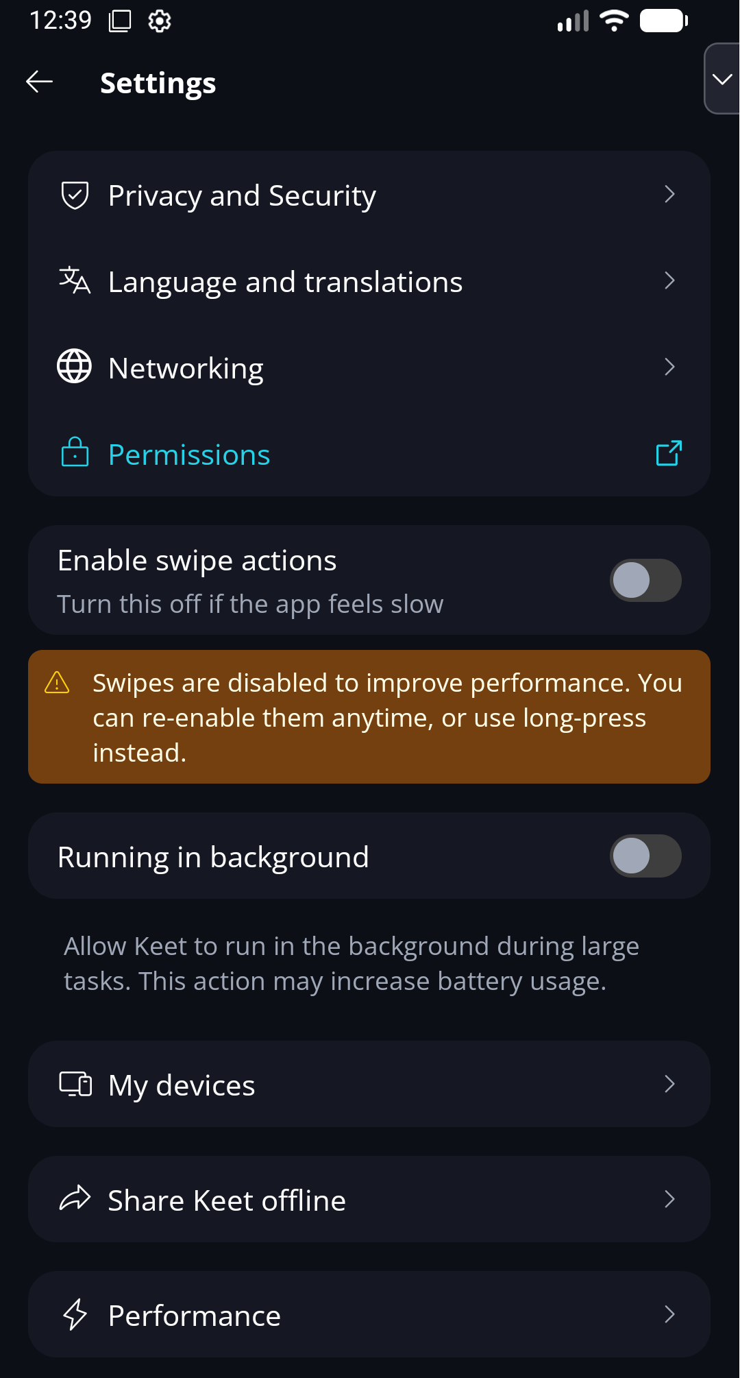 Moving to the New Android APK Build · Save a copy Keet Settings screen on Android with the Share Keet offline option.